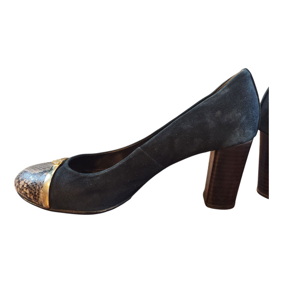 Tory Burch heels sz 8M Pacey black suede gold snake print cap leather pumps - Picture 12 of 14